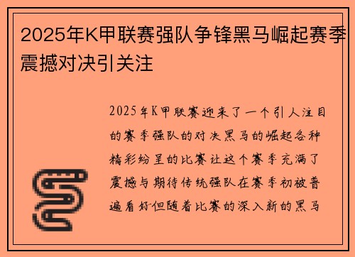 2025年K甲联赛强队争锋黑马崛起赛季震撼对决引关注