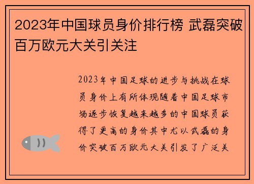 2023年中国球员身价排行榜 武磊突破百万欧元大关引关注